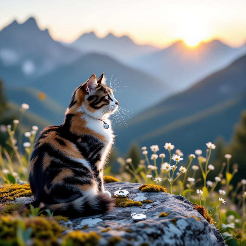 Calico Cat with Locket on Stone at Dawn