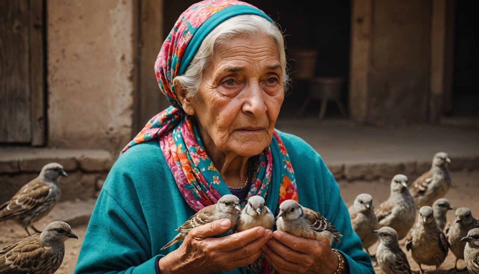 Warm Portrait of Elderly Woman with Small Birds in Gentle Ha...
