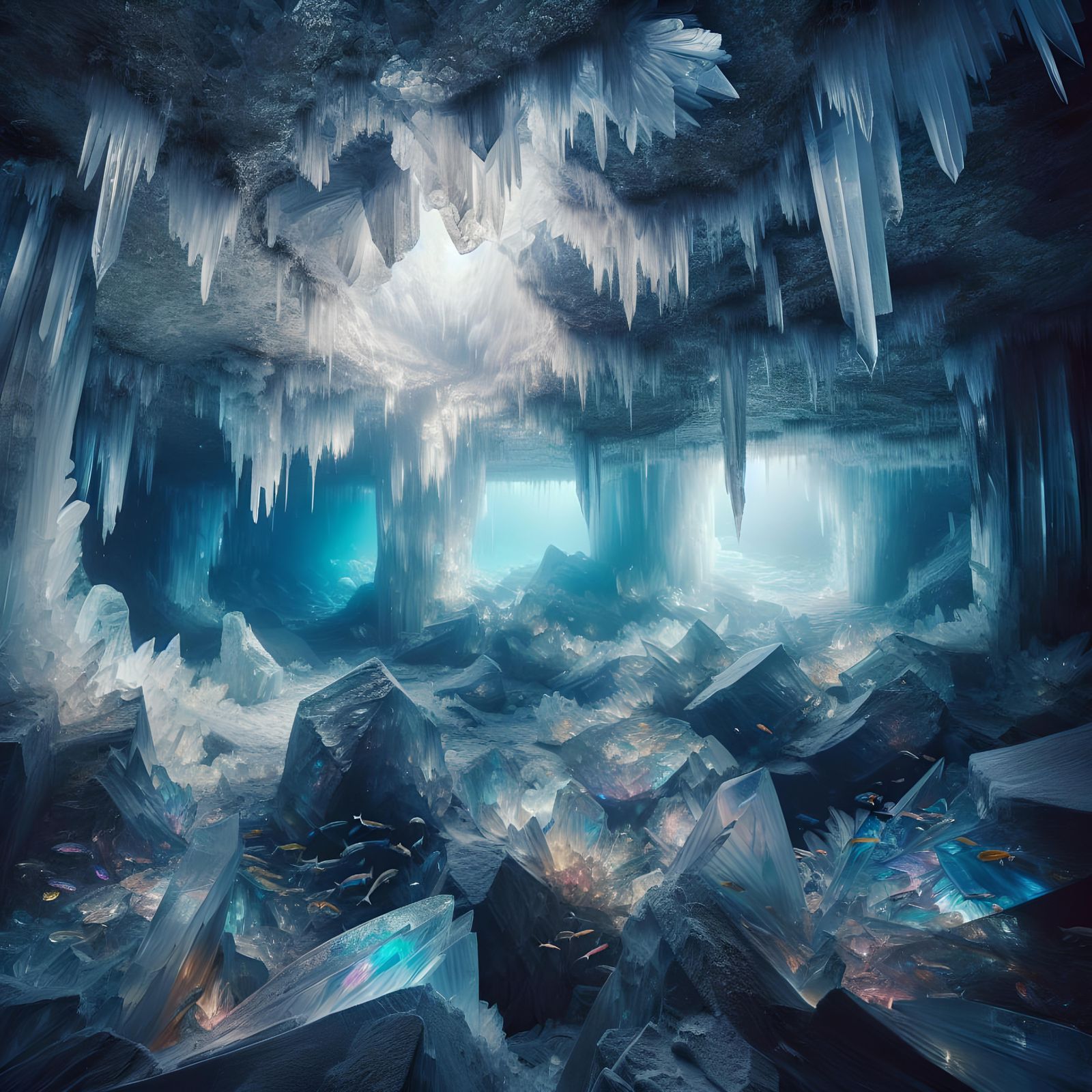 Shimmering Crystal Grotto Beneath Frozen Lake
