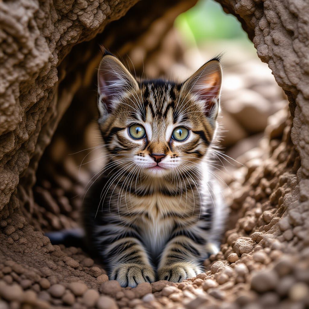 Hyperrealistic Brown Tabby Kitten in Moody Cave
