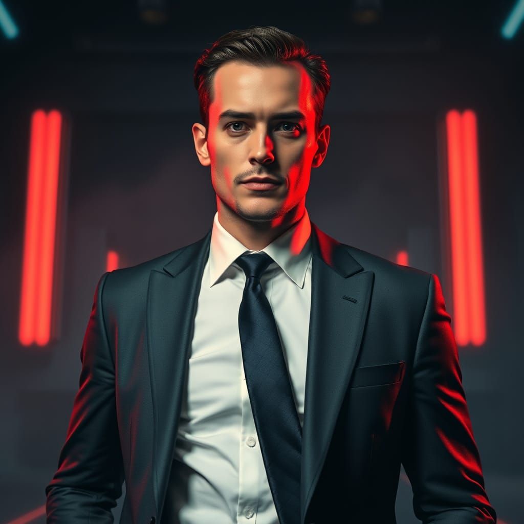 Confident Man in Suit: Film Noir, Futuristic Style