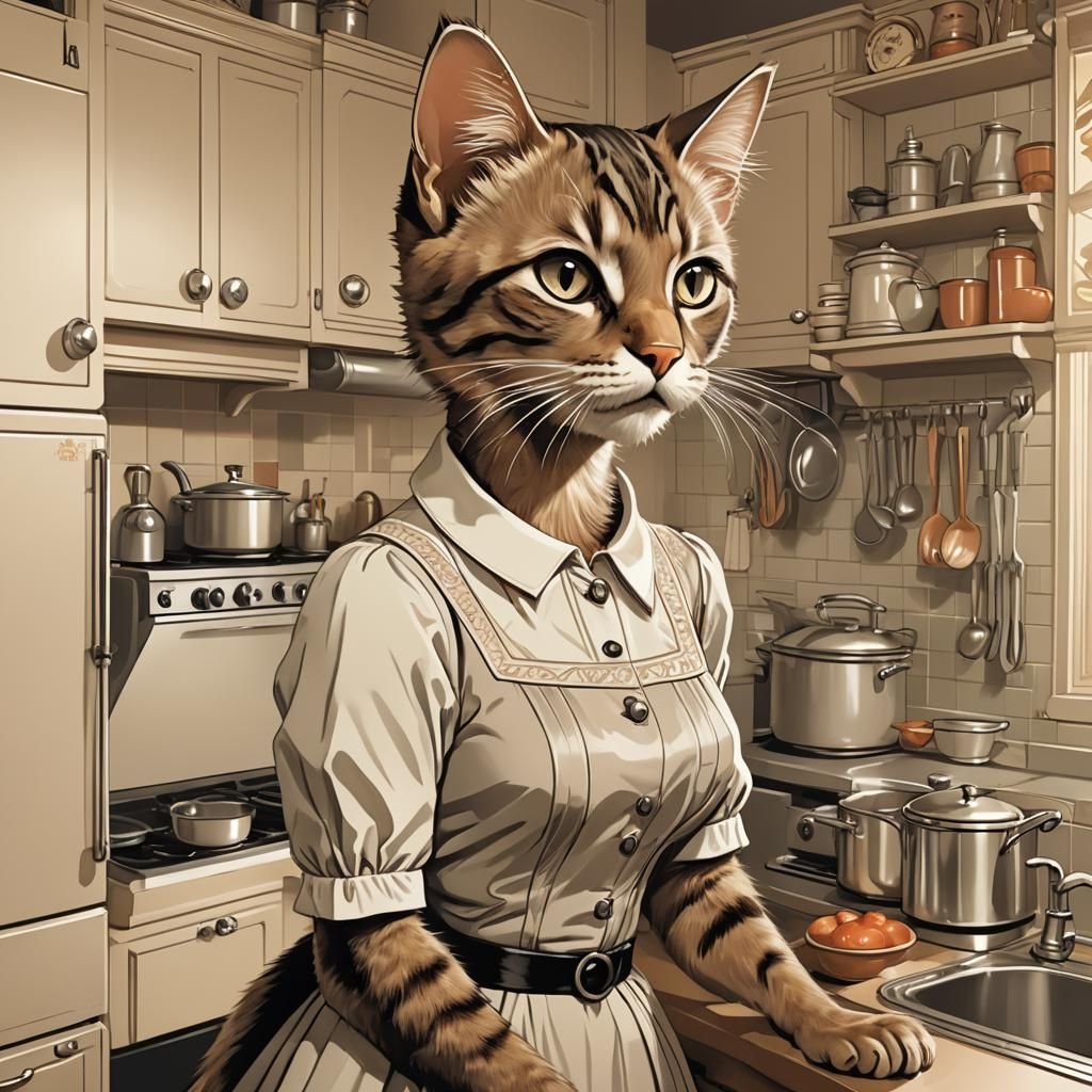 Retro Kitten Housewife in Art Deco Style