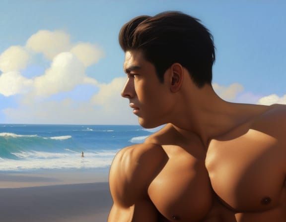 Muscular Man at the Beach, Ghibli Style