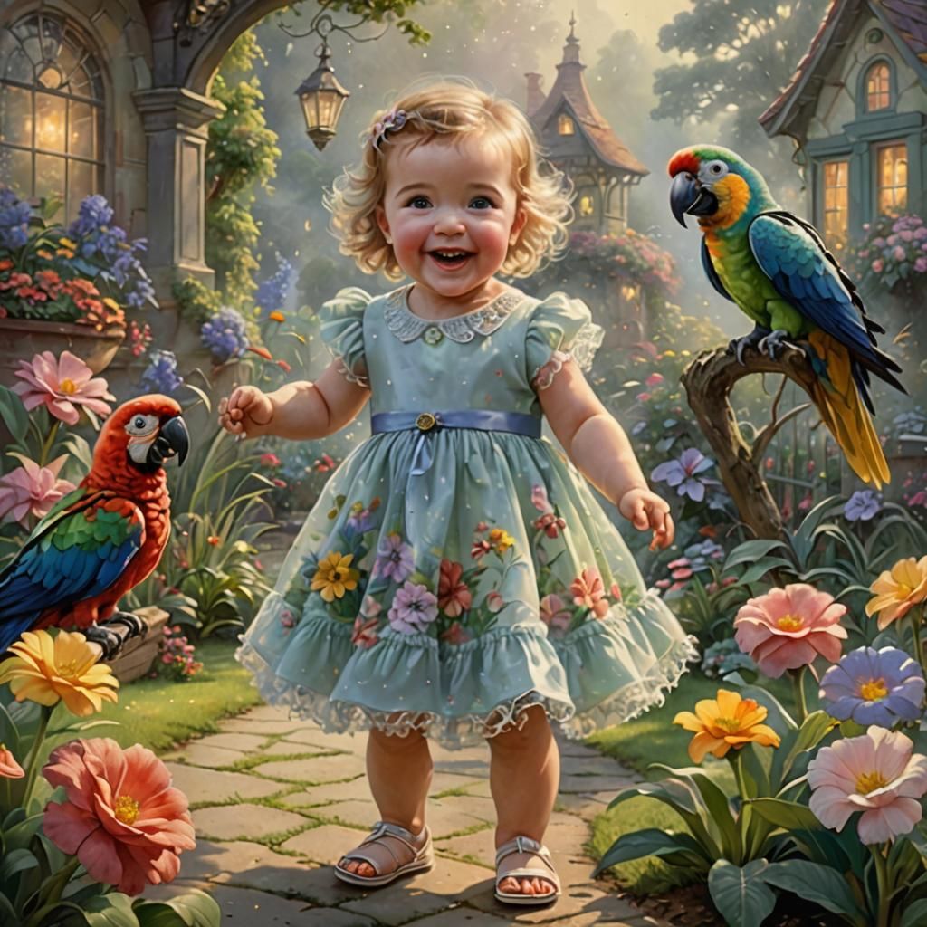 Happy Toddler and Parrot in Ethereal Garden