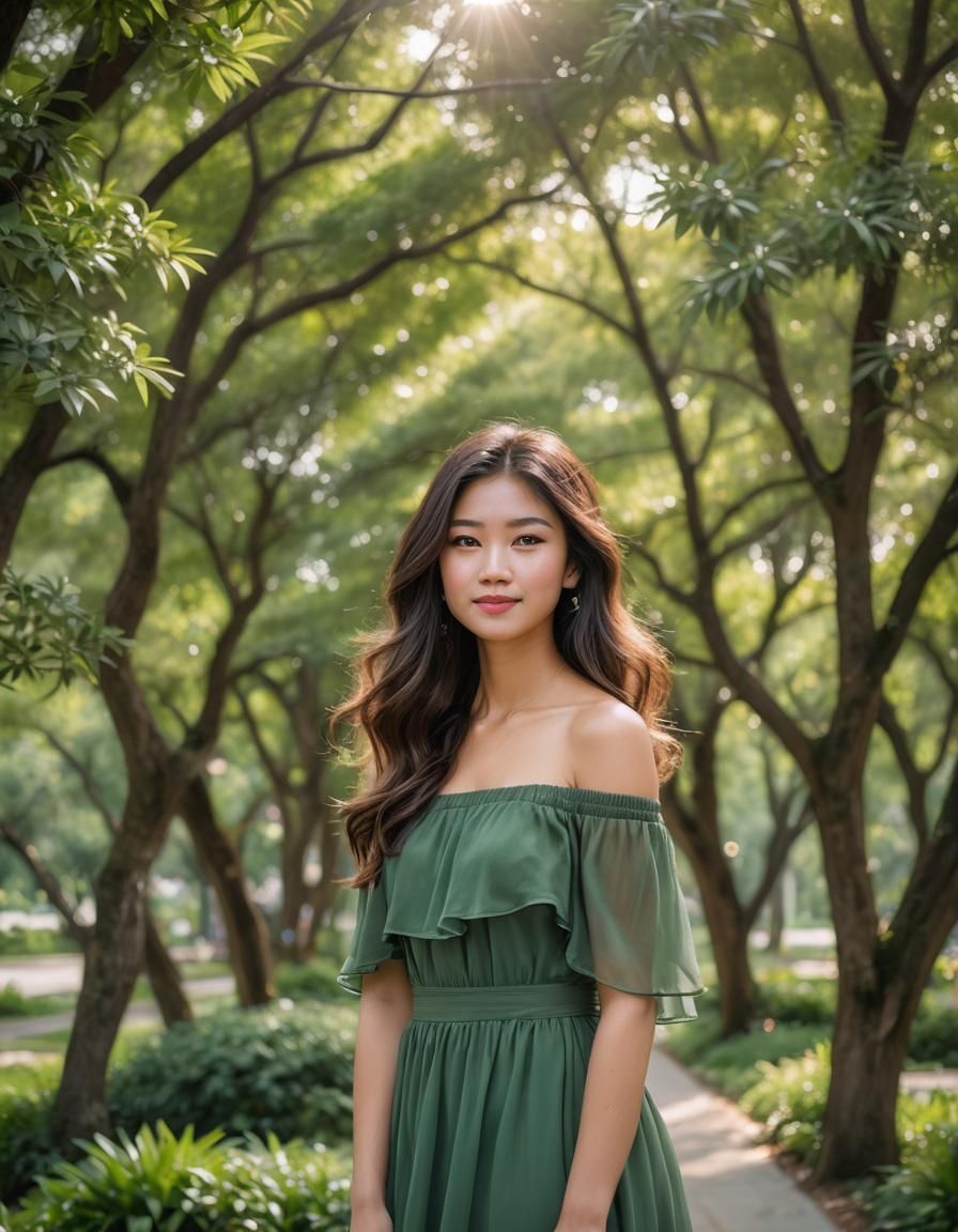 Asian Girl Portrait with Soft Smile and Green Dress