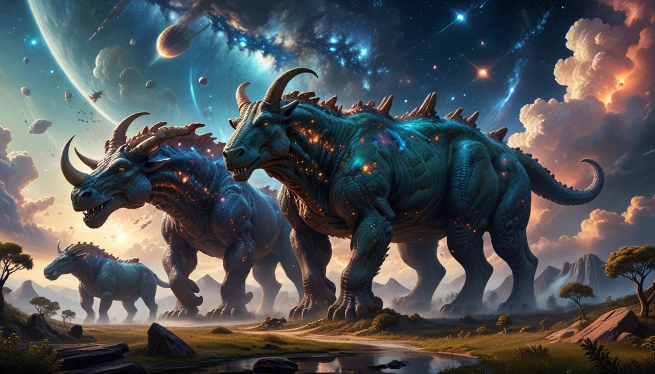 Surreal Cosmic Landscape with Gigantic Beasts and Interstell...