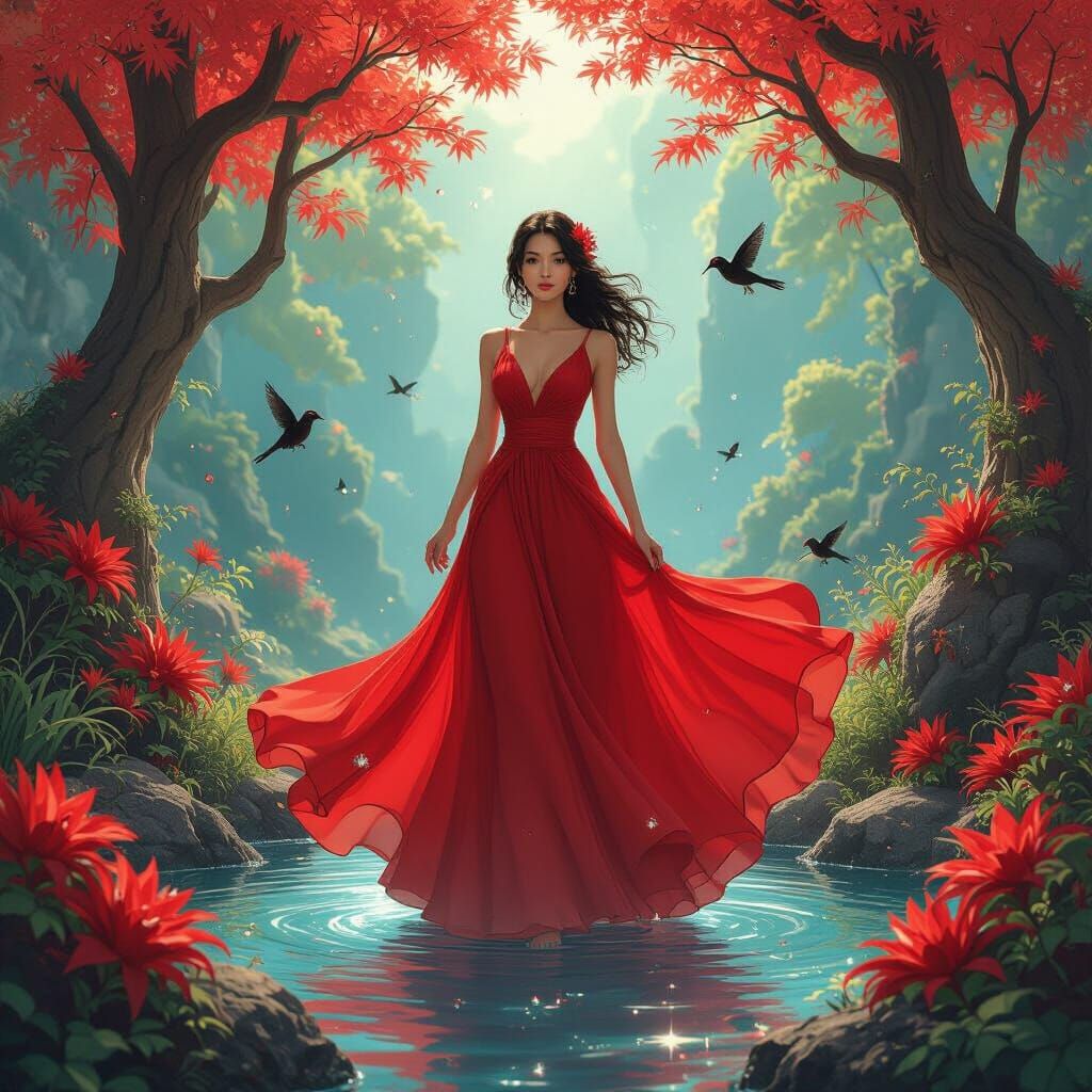 Red Crystal Garden with Celestial Animals on Floating Island