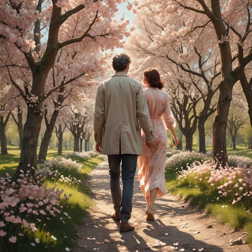 Couple Walks Through Tranquil Spring Countryside