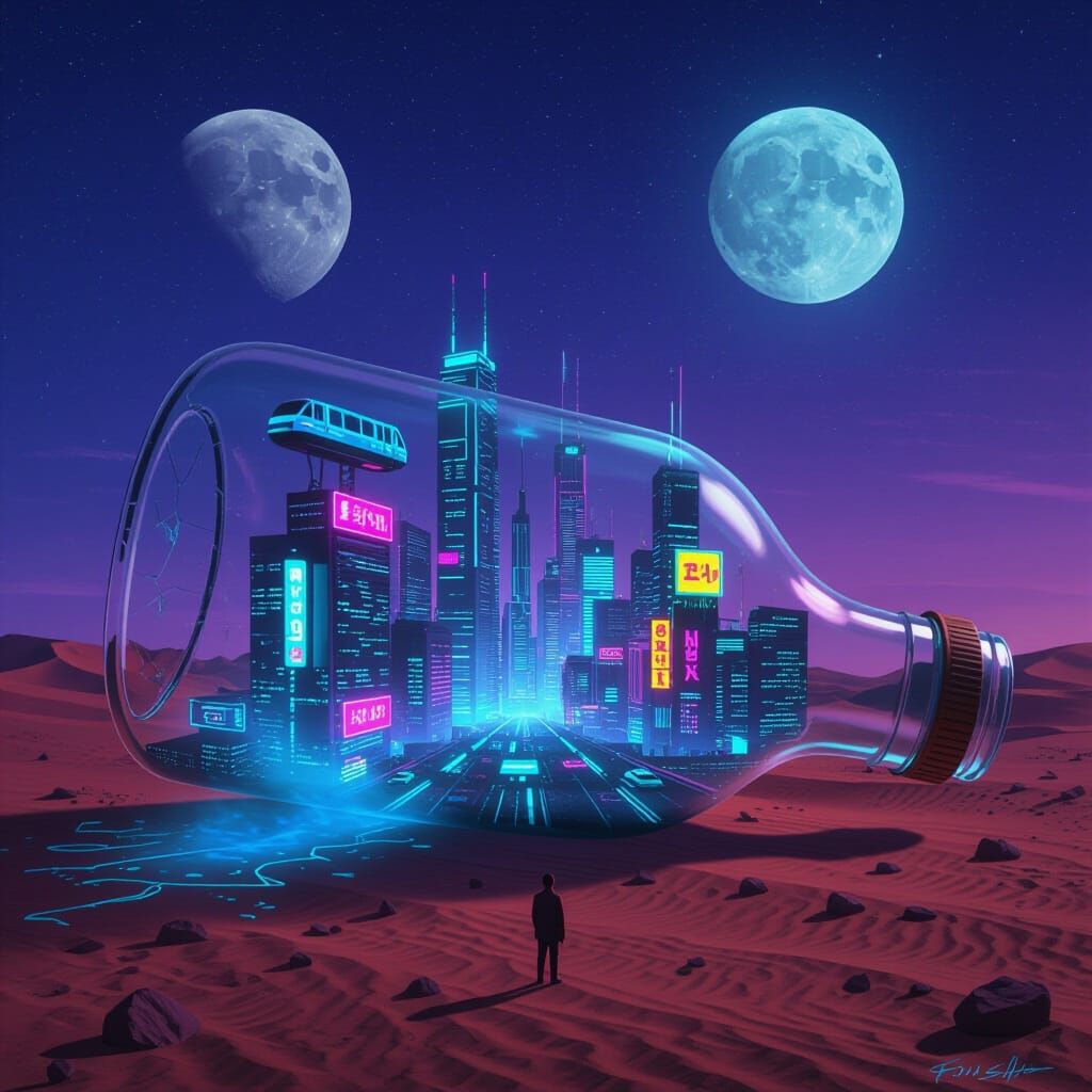 Cyberpunk City Inside Glass Bottle in Desert
