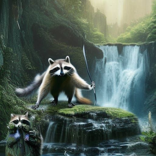 Raccoon Warrior with Blade at Waterfall