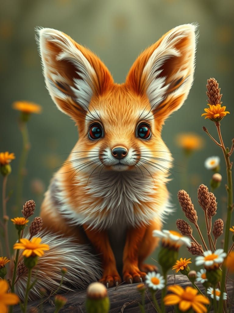 Fluffy Fantasy Animal in Flower Meadow