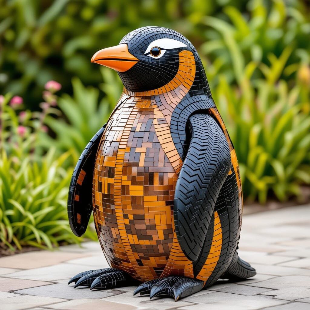 Penguin Tire Sculpture in Found Object Art Style