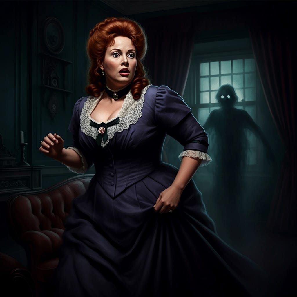 Frightened Woman in Retro Horror Impressionism