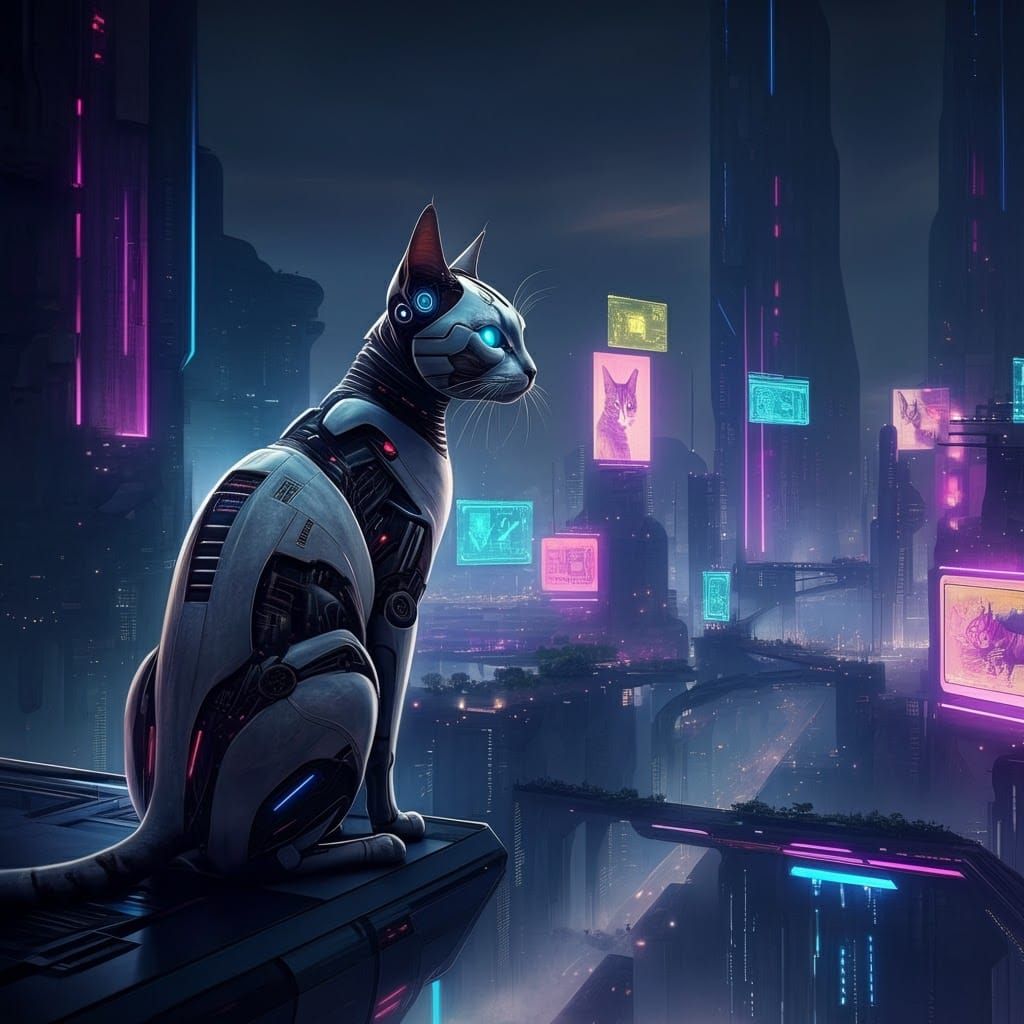 Cyborg Cat Overlooking Dystopian Metropolis