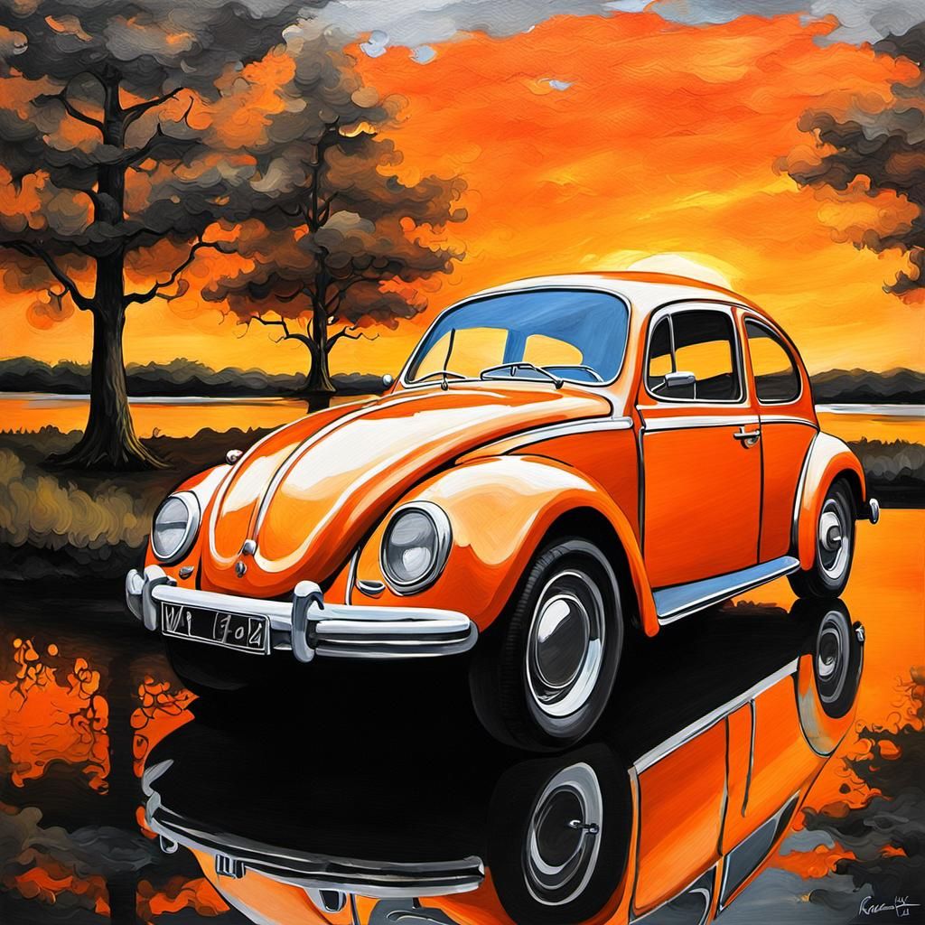 Orange VW Beetle at Sunset in Rembrandt Style