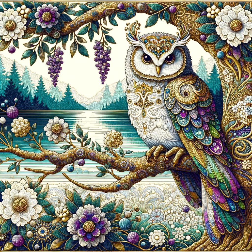 Iridescent Owl on Flowery Branch Overlooking Lake