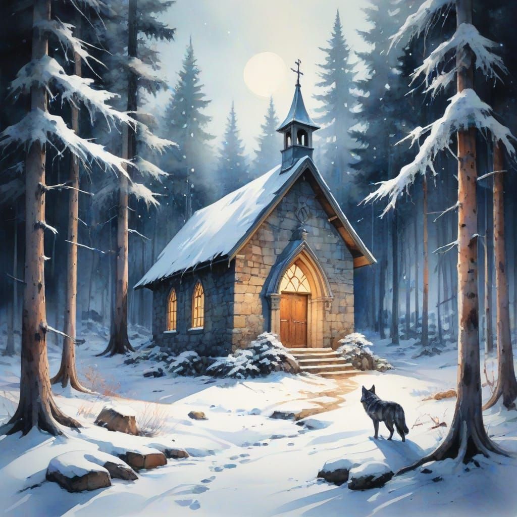Ethereal Winter Chapel Scene in Watercolour Style