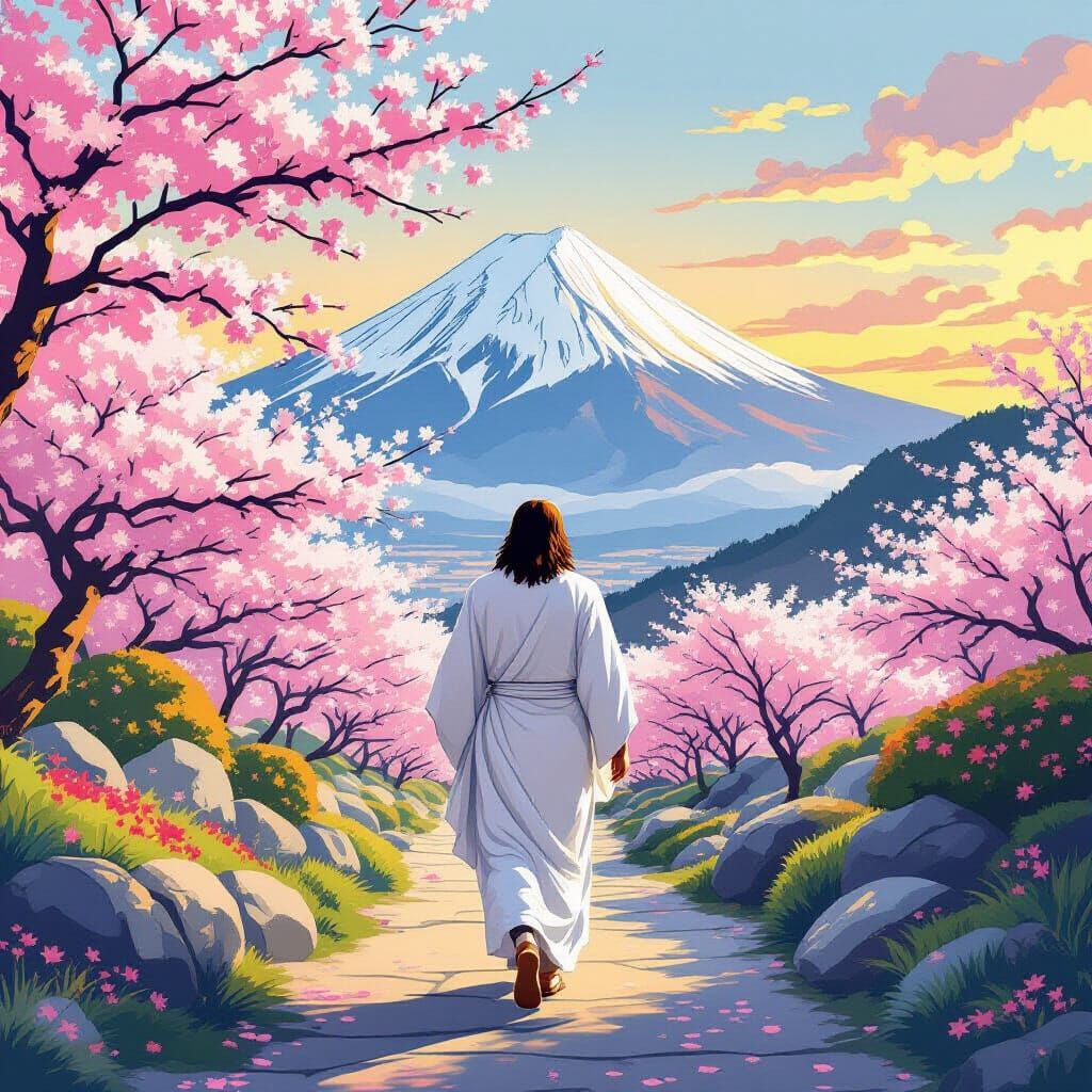Jesus in Sakura Garden with Mount Fuji, Ukiyo-e Style