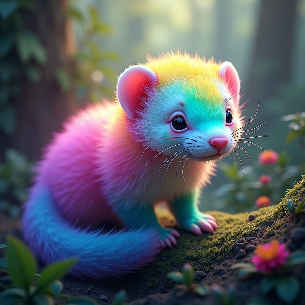 Rainbow Ferret with Iridescent Fur in Dreamlike Setting