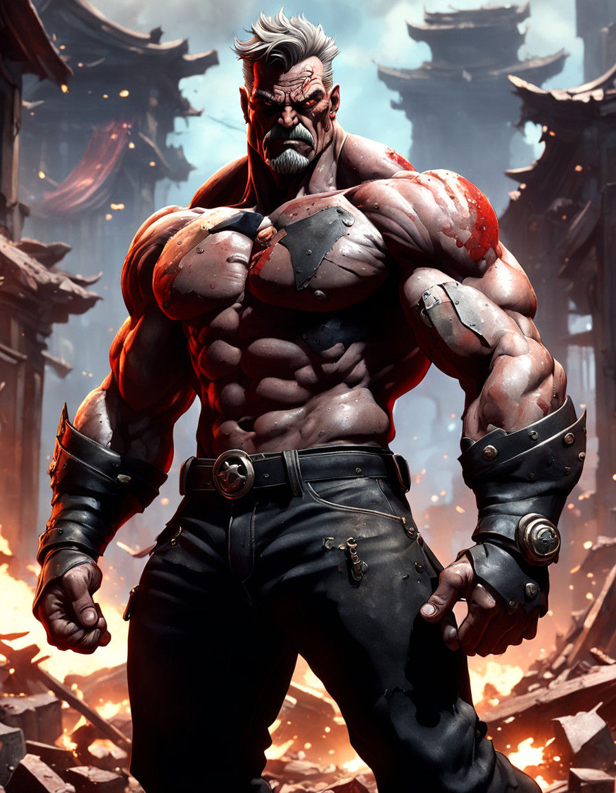 Muscular Red Hulk in Aggressive Pose, Anime-Inspired Art
