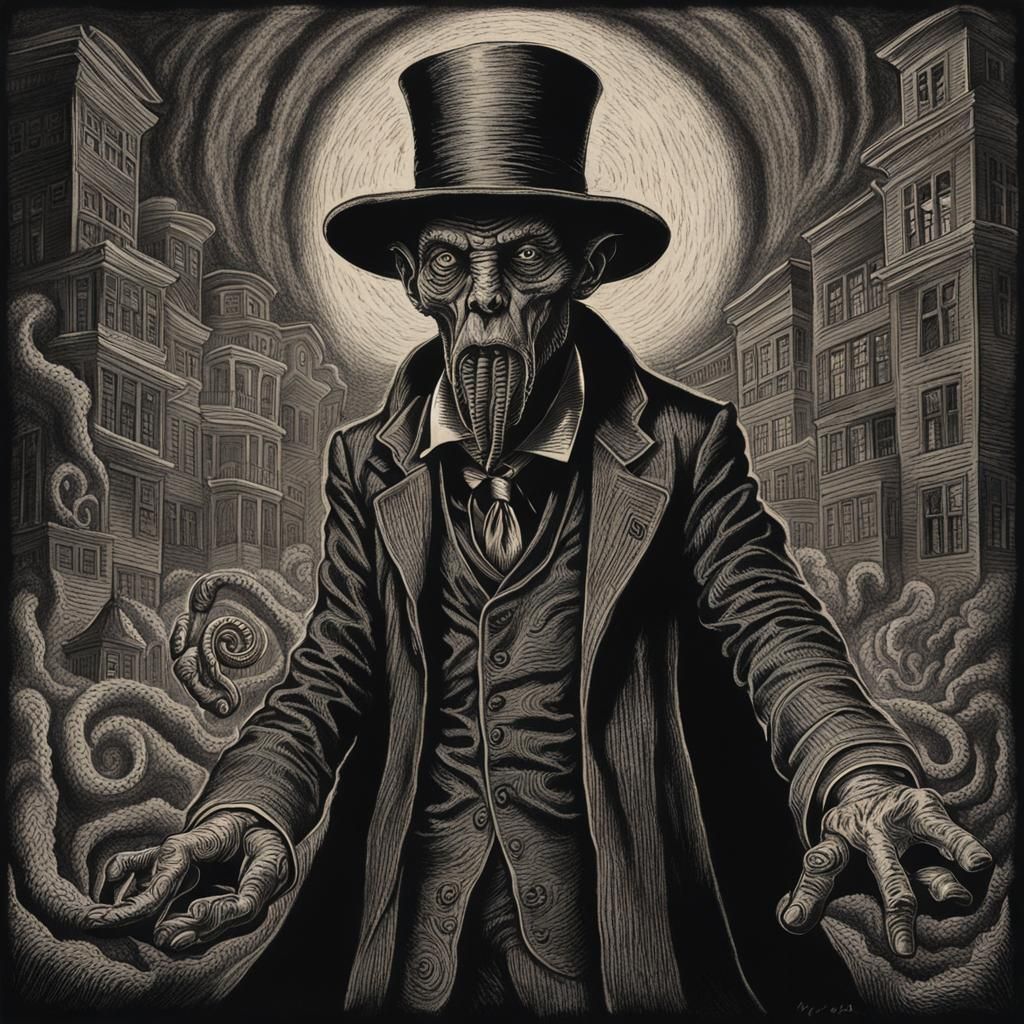 Nyarlathotep as Mr. Hyde: Hyperdetailed Woodcut