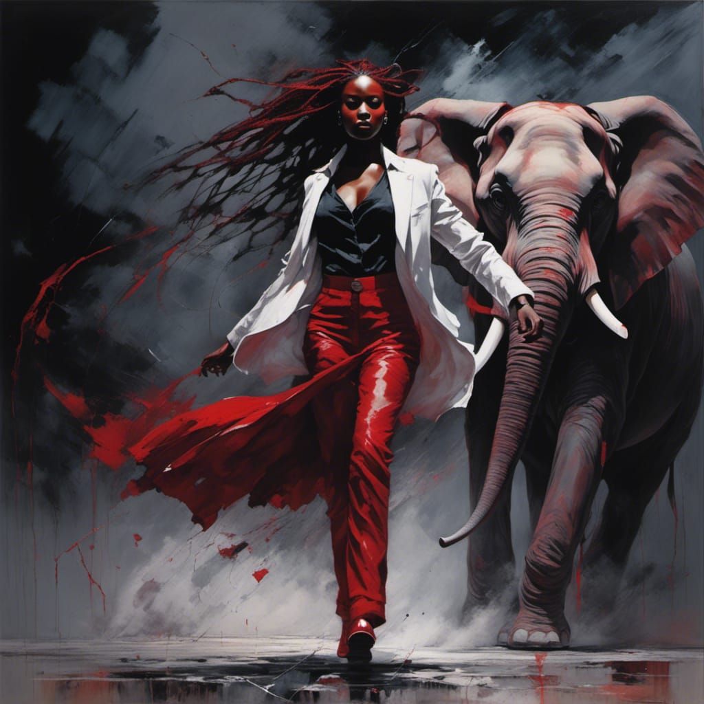 Powerful Woman Emerges from Storm with Elephant