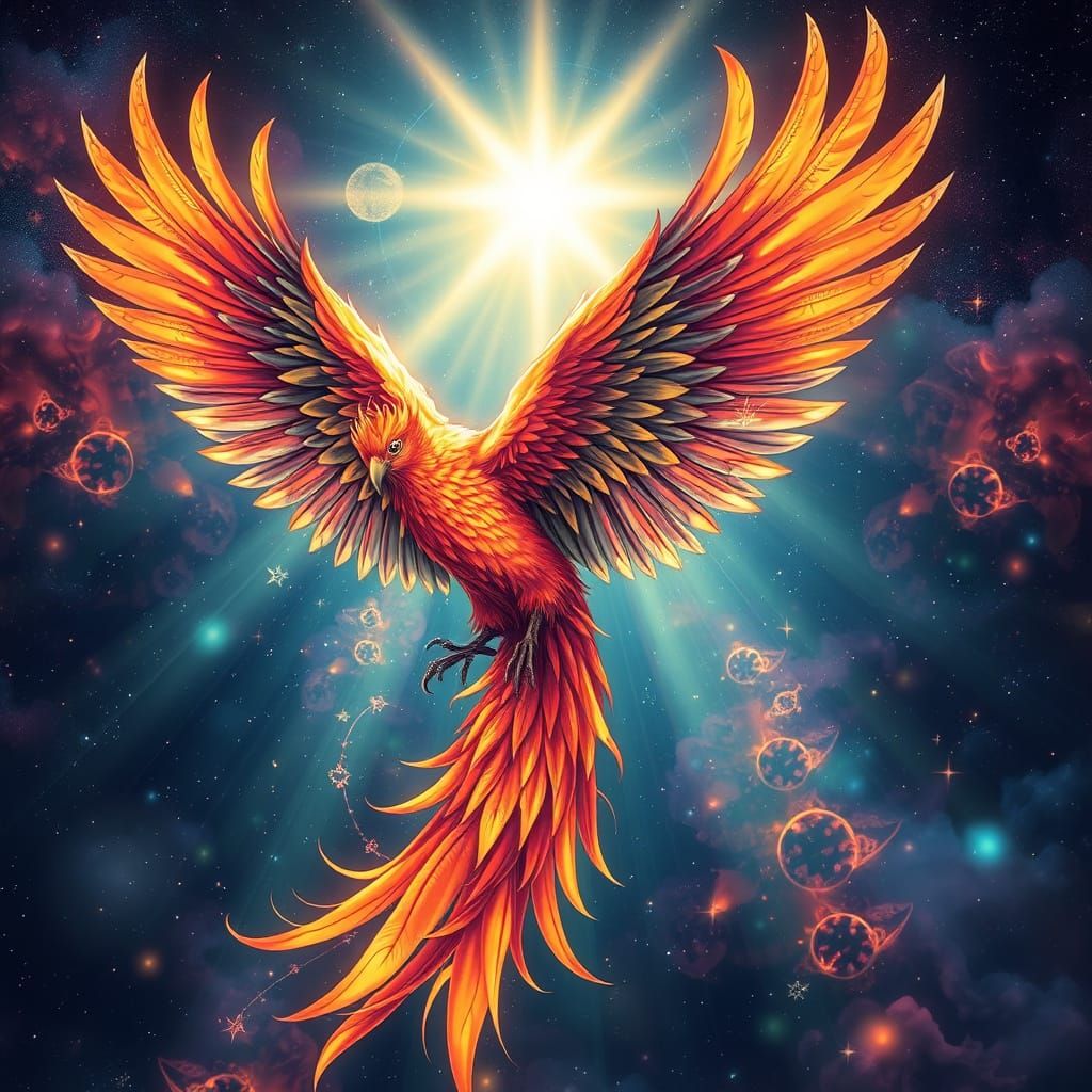 Cosmic Phoenix in Vibrant Holographic Style