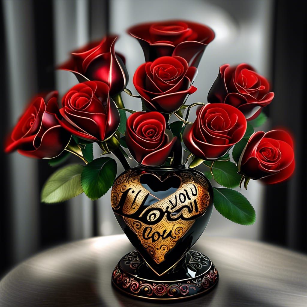 Red roses flower vase with I love you
