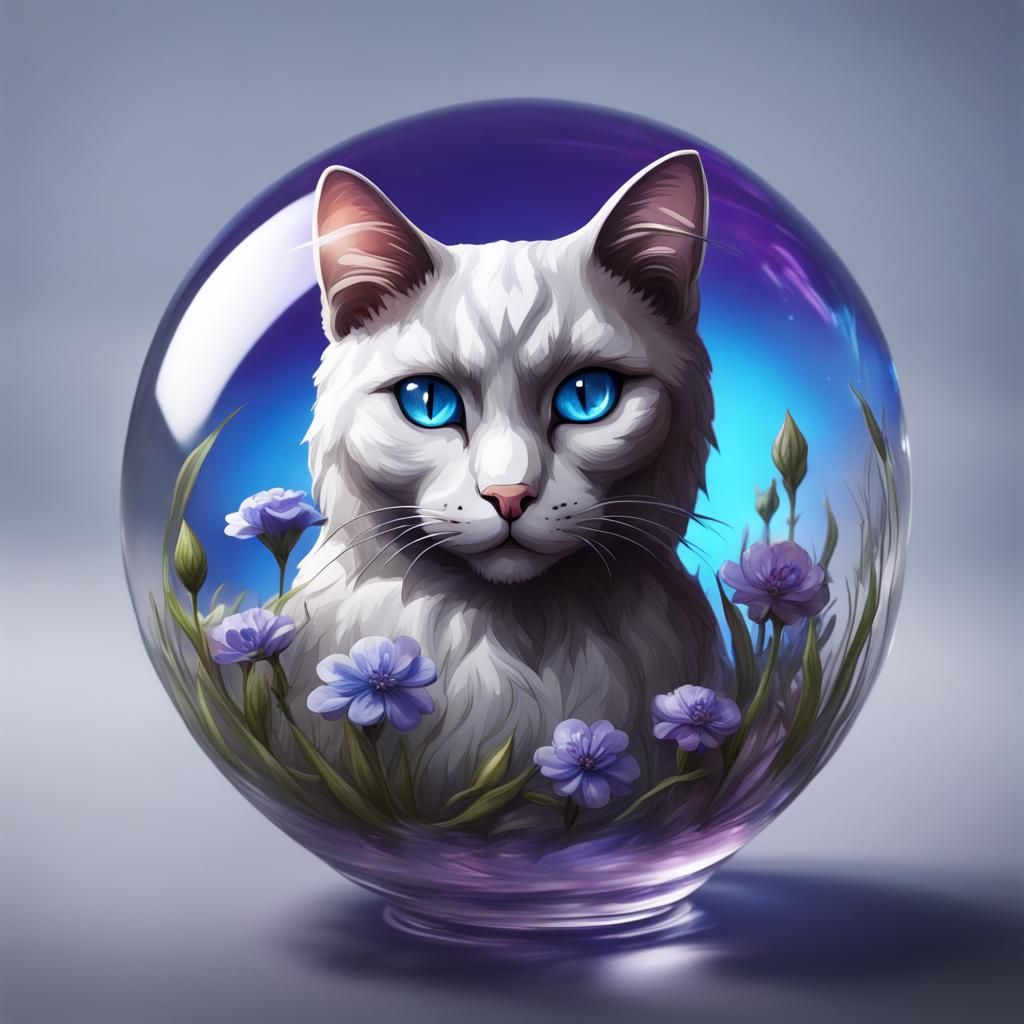 Watercolor Cat in Glass Ball with Flowers
