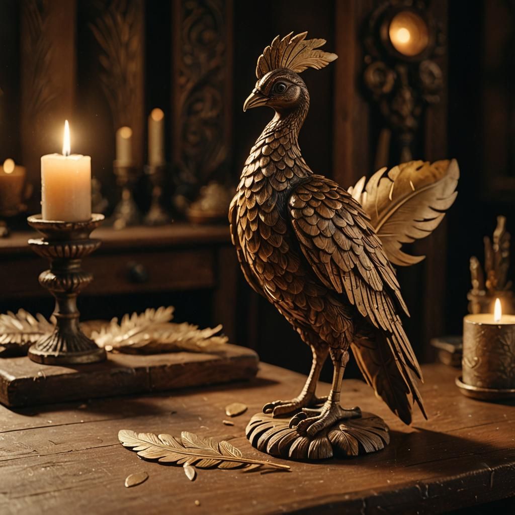 Hand Carved Peacock Figurine in Golden Light