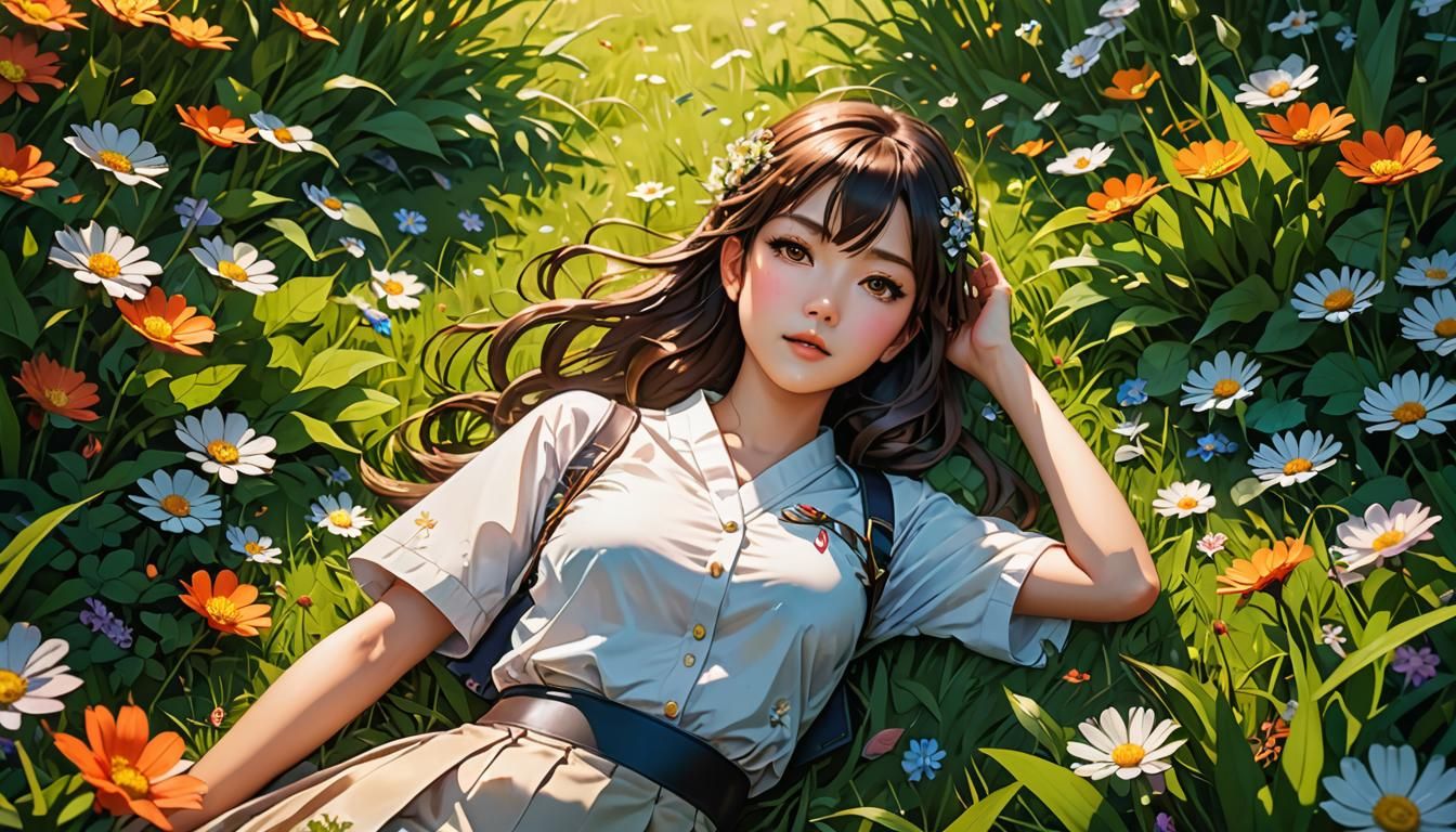 Anime Girl in Meadow: Digital Art in Manga Style