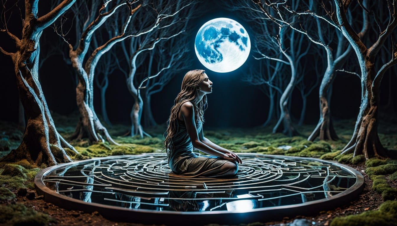 Surreal Bio Art Landscape with Cracked Mirrors and Labyrinth