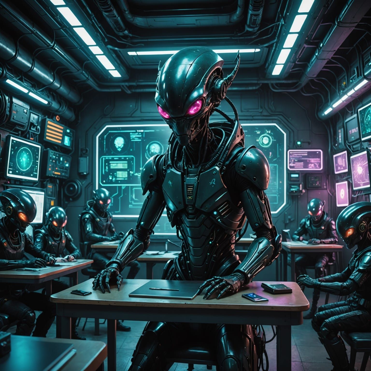 Cyberpunk School in an Alien Cityscape