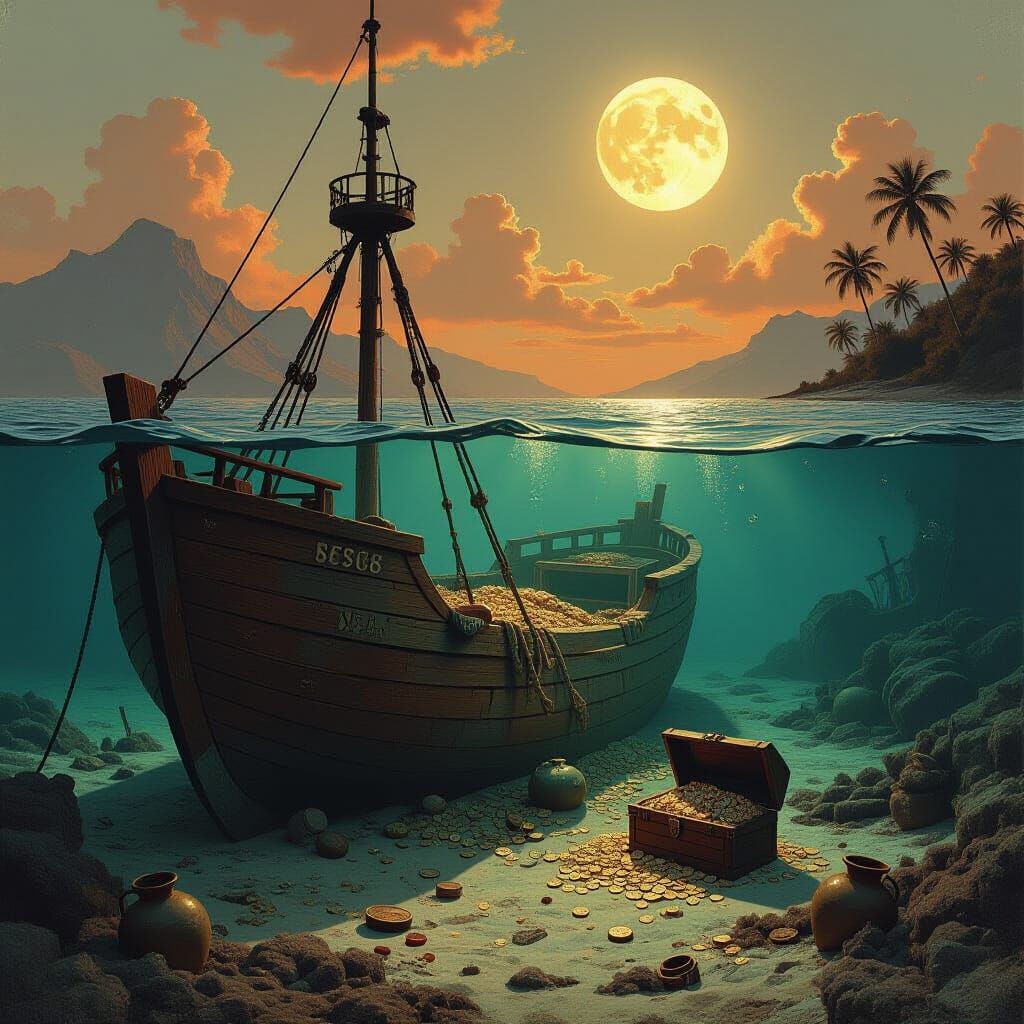 Sepia Shipwreck Scene with Treasure and Coral