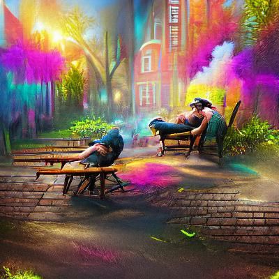 Colorful Park Scene: Two Figures on a Bench