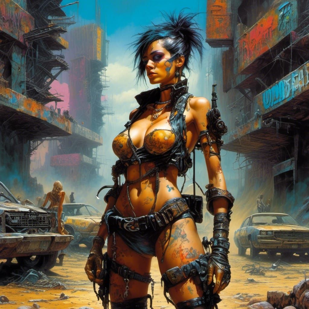 Post-Apocalyptic Cyberpunk Woman in Wasteland