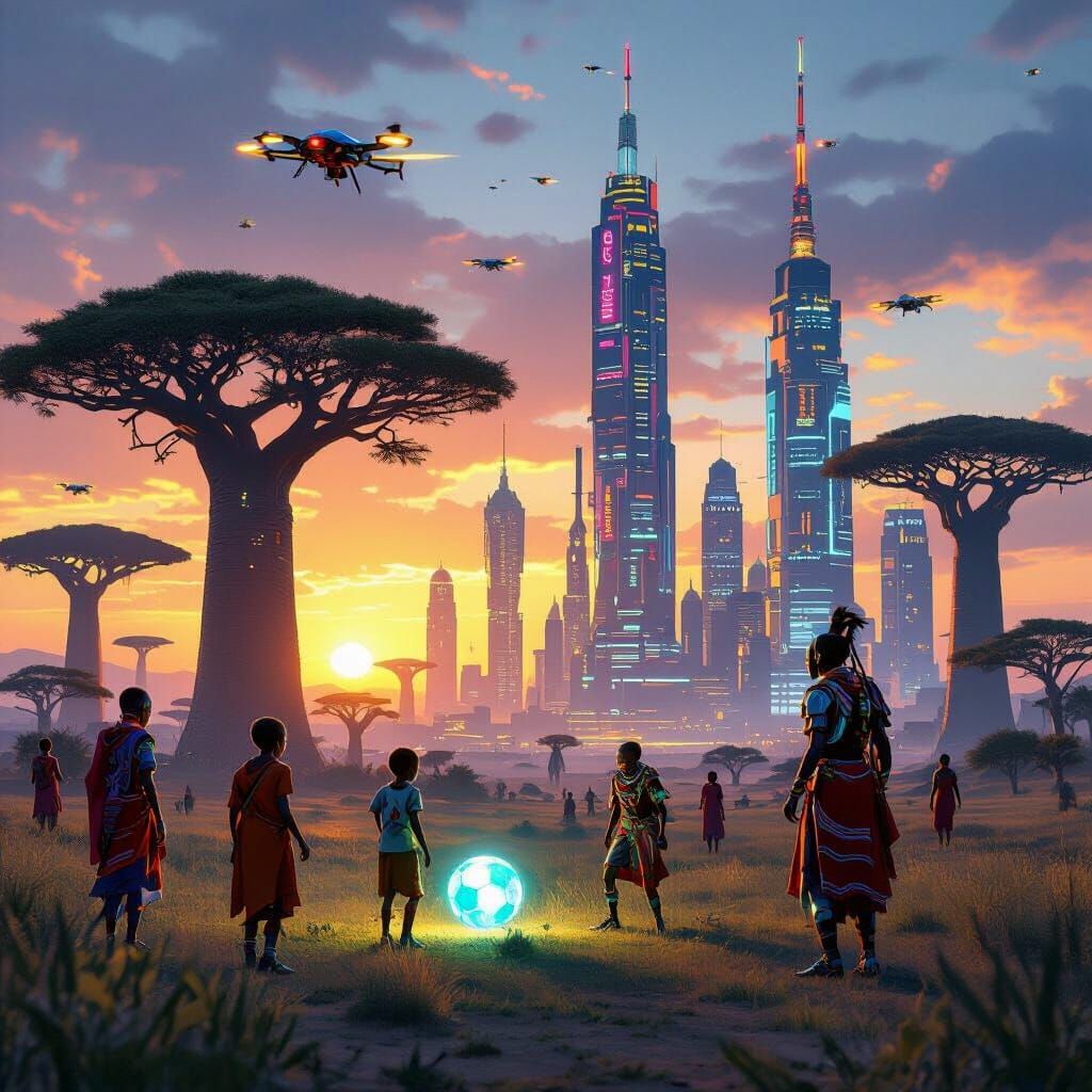 Futuristic African City at Sunset in Cyberpunk Style