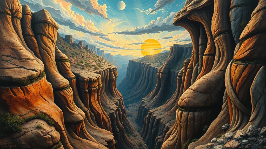 Bizarre Ravine Landscape in a Distorted, Eerie Sky