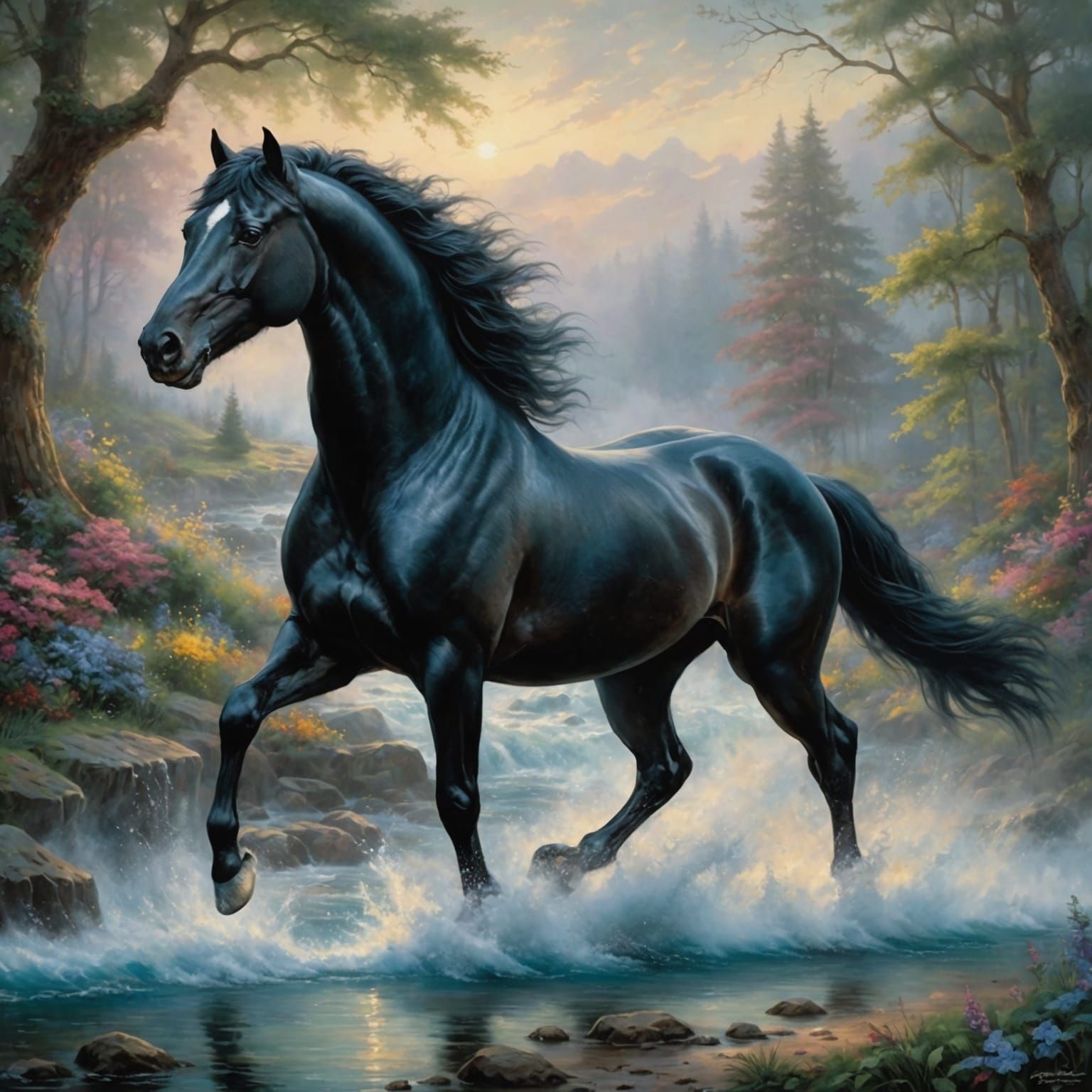 Black Stallion Running in Ethereal Fantasy Landscape