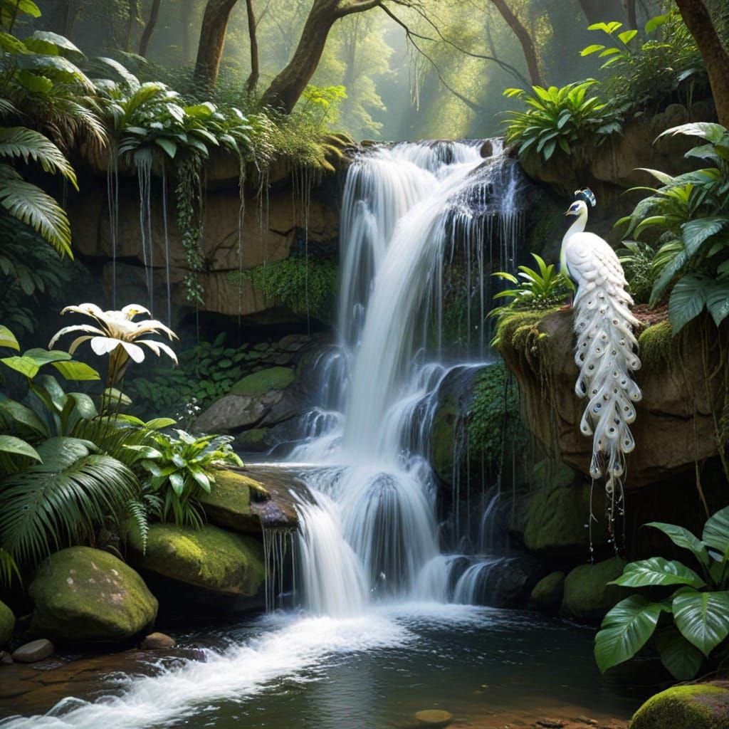 Elegant White Peacock at Forest Waterfall River