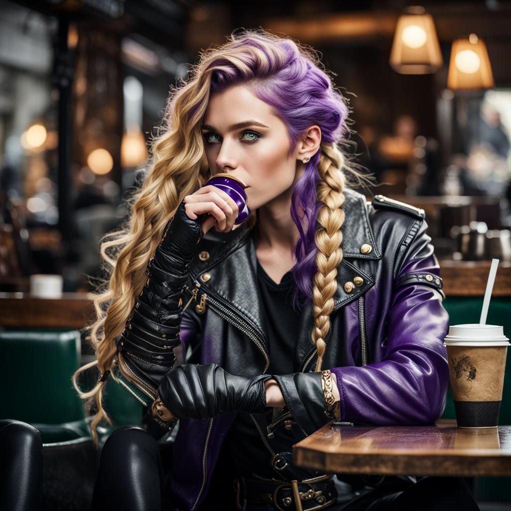 Valkyrie with Viking Features Drinking Coffee