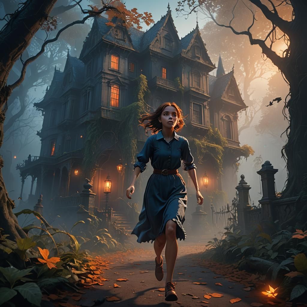 Girl Running From Haunted Mansion in Misty Forest