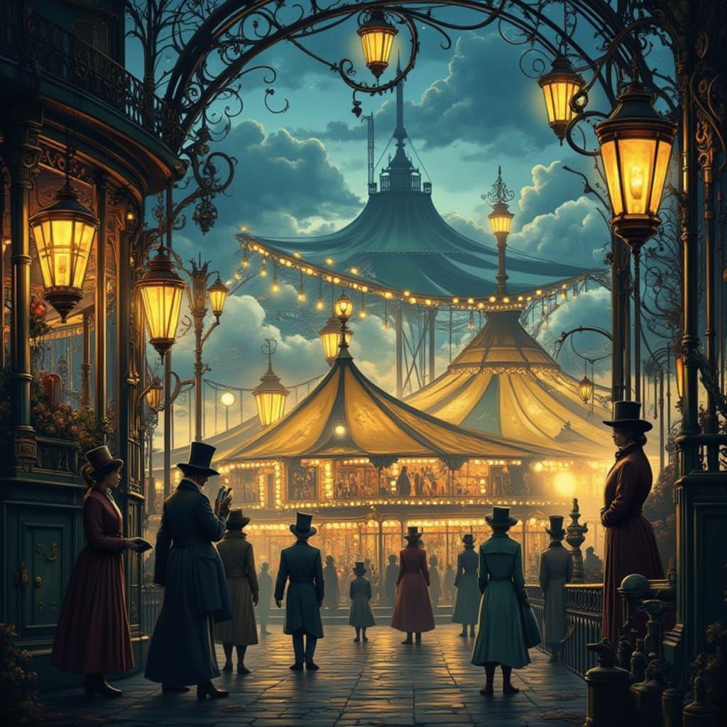 Vintage Carnival at Dusk in Steampunk Style
