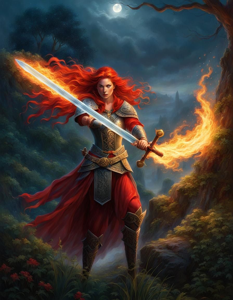 Celtic Redhead Warrior with Flaming Sword