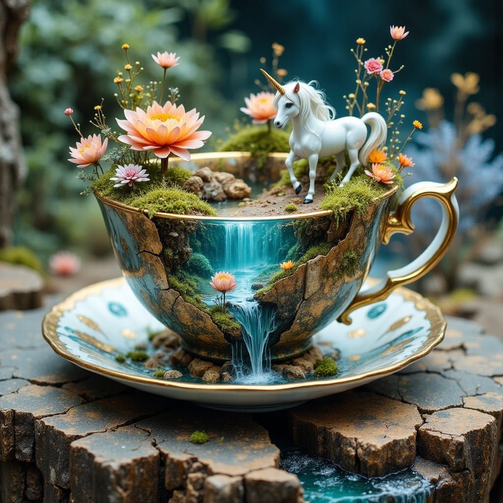 Miniature Forest Inside Antique Teacup, Fantasy Art