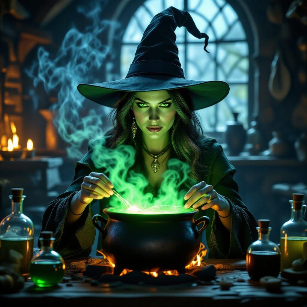 Green Witch Brewing Potion in Cauldron, Photorealistic Style