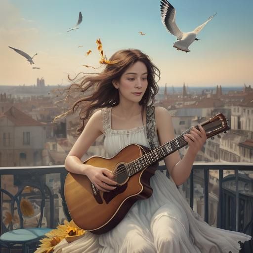 Balcony Serenade: Surrealist Guitarist's Performance