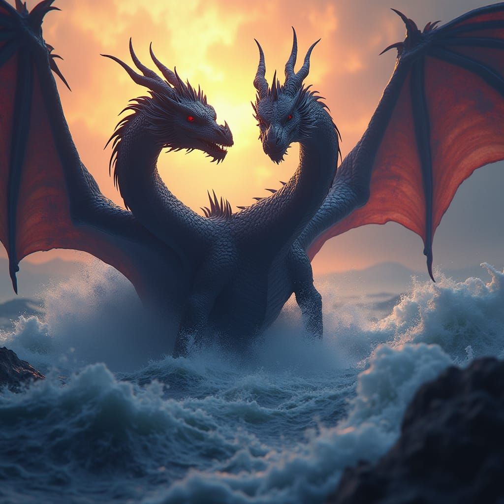 Majestic Two-Headed Dragon Breaching Vortex