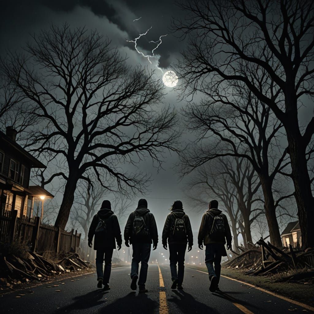 Hyperrealistic People in a Stormy Night Landscape