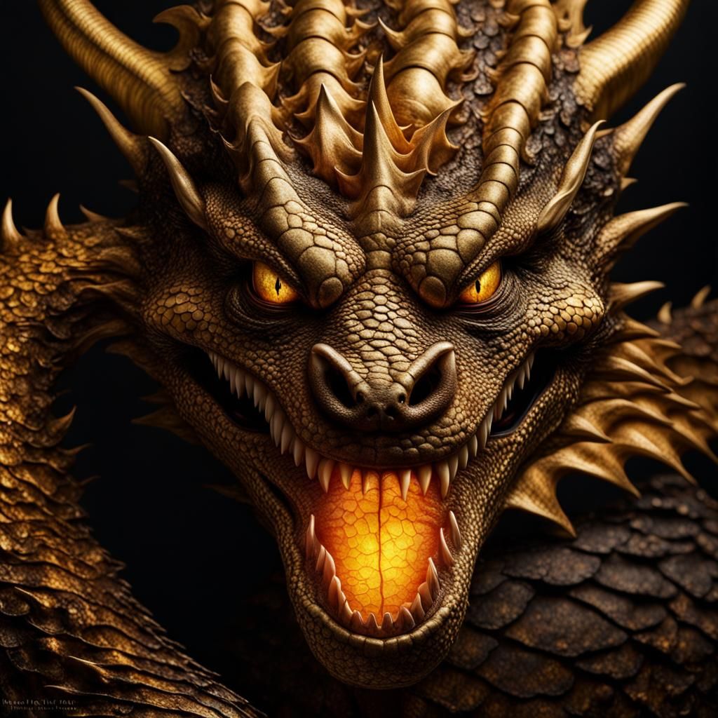 Smiling Dragon Portrait with Flames and Scales